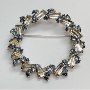 Vintage Clear Baguette and Blue Rhinestone Brooch